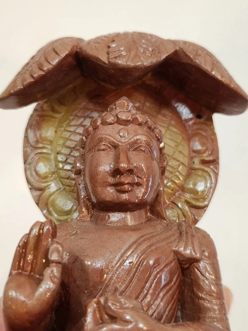 Hand-Carved Natural Soapstone Seated Buddha Statue with Bodhi Leaf Canopy